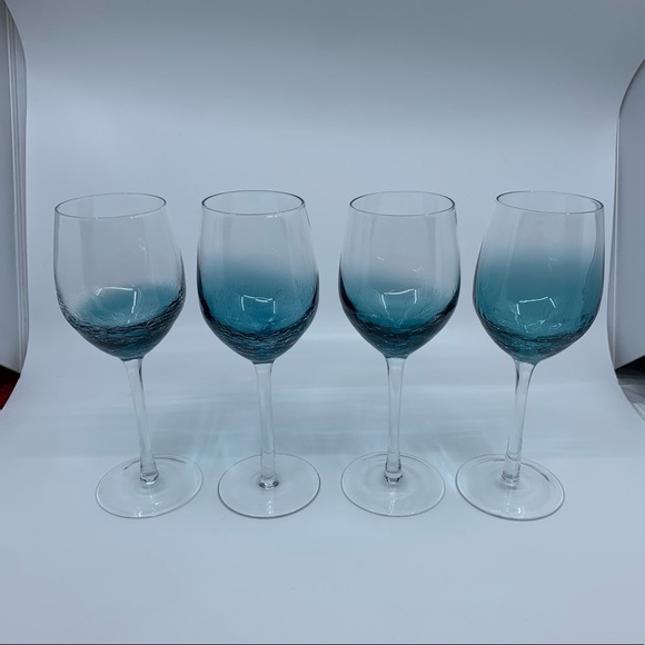 Pier 1 Crackle Teal Blue White Wine Glasses